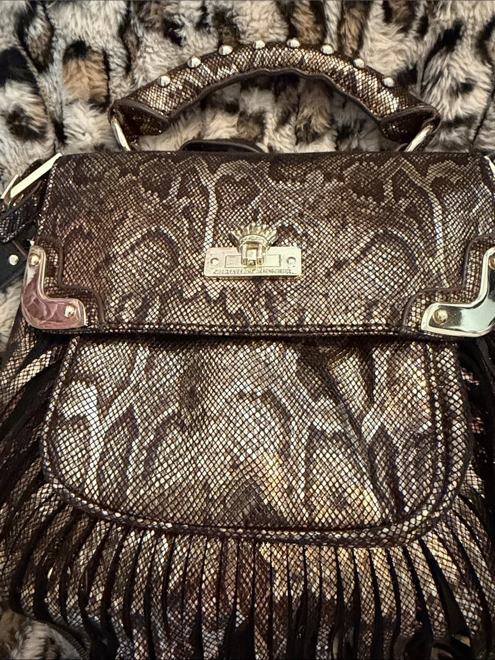 Christian Audigier Metallic Snake-Print Fringe Crossbody Bag in Brown and Gold